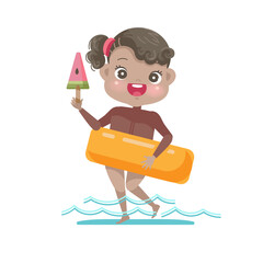 african american girl in swimsuit holding watermelon ice cream