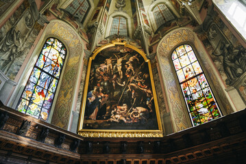 Stained glass windows in the church. Old church. Cathedral.