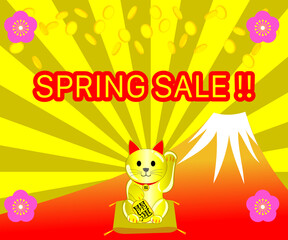 Fototapeta premium A spring sale banner with Maneki Neko; translation: Manekineko is a beckoning cat, Fuku on pendent means luck, Kaiun on the coin is better future 