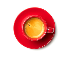 Cup of coffee isolated on white background, top view