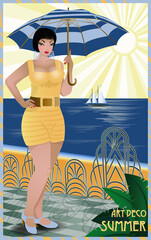 Summertime flapper girl, art deco wallpaper, vector illustration