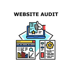 Website Audit Vector Icon Concept. Website Audit Making Finance Auditor, Researching And Analyzing Annual Financial Report Infographic And Money Profit. Web Site Color Illustration