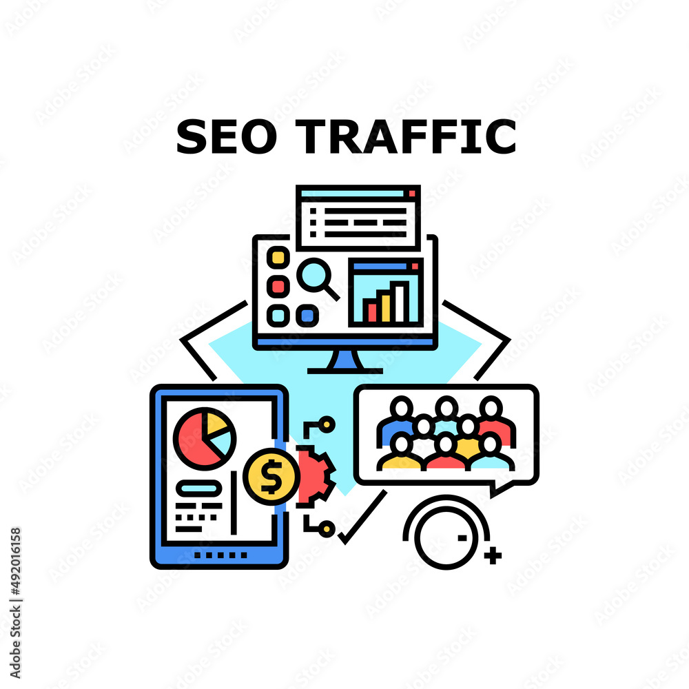 Wall mural Seo Traffic Vector Icon Concept. Seo Traffic Researching Businessman And Developing Strategy For Increasing Audience And Money Profit. Internet Business And E-commerce Color Illustration