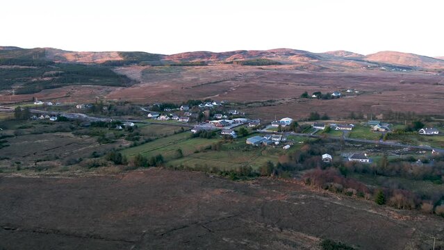 Aerial view of the road from Glenties to Dungloe and it's filling station, County Donegal, Ireland