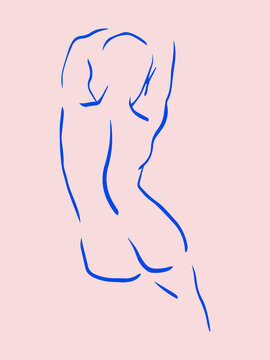 Trendy line art woman body. Minimalistic blue lines drawing. Female figure continuous line abstract drawing. Modern scandinavian design. Naked body vector illustration.