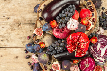 Blue, red and purple food. Culinary background of fruits and vegetables