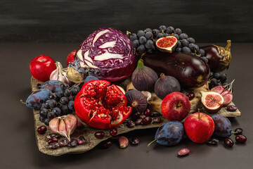 Blue, red and purple food. Culinary background of fruits and vegetables