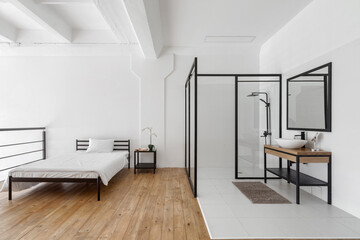 Spacious bedroom with personal bathroom in loft style