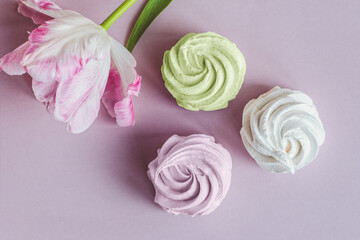 Italian meringue cookies with flower on pink background, spring sweets flat lay