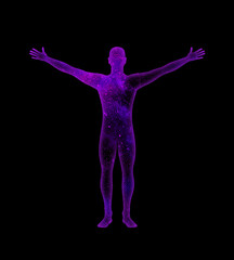 Fototapeta na wymiar Purple blue stellar cosmic male silhouette with outstretched arms on a black background