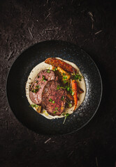 Roast beef and veggies with jerusalem artichoke puree