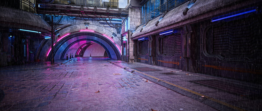 Cinematic panorama view of a dark futuristic cyberpunk city downtown street in the rain. 3D rendering.