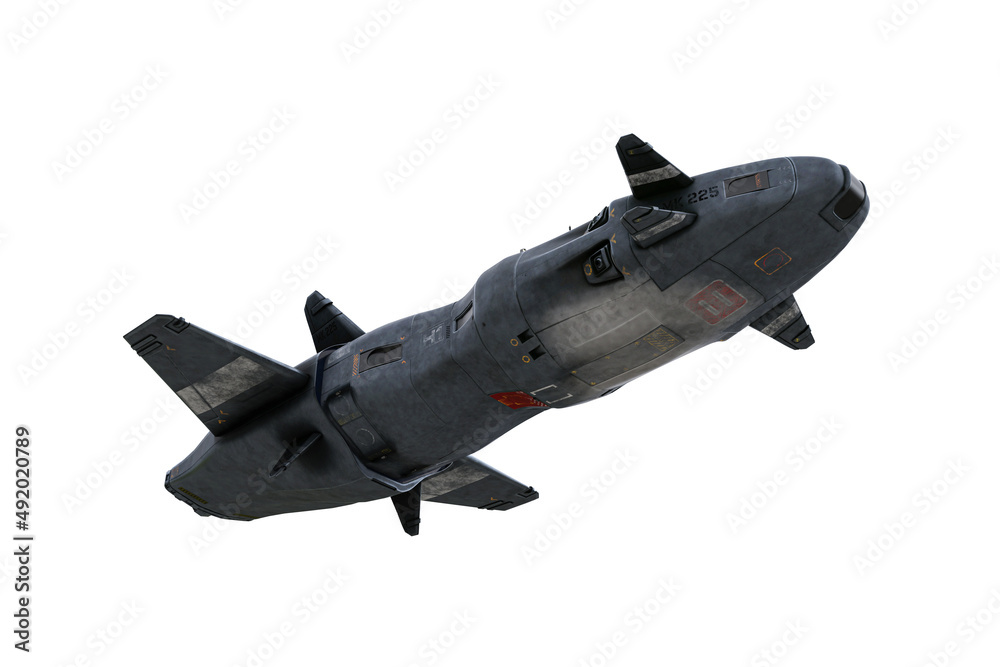 Poster large futuristic grey space craft flying overhead. 3d rendering isolated on white background.