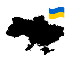 The map of Ukraine is drawn in black and isolated on a white background. The flag of Ukraine is blue and yellow. Peace to Ukraine. February 24, 2022 war. 