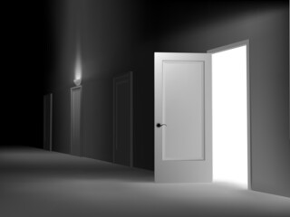 Open door illustration in dark corridor