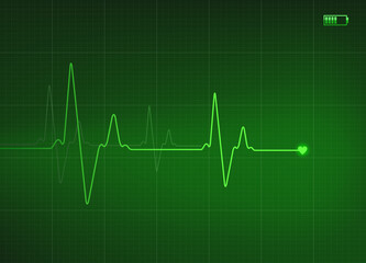 Electrocardiogram illustration in green color with battery icon