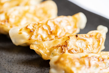 Japanese dumplings or gyoza on black plate, Delicious meal or food background, Nobody	