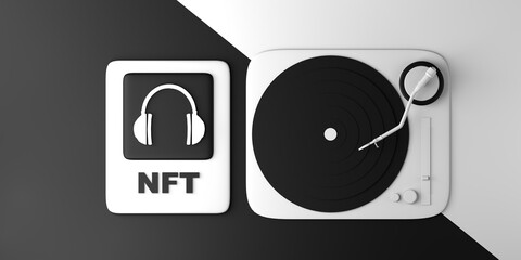 Non fungible token of digital art. NFT of music with vinyl player on blockchain. 3D illustration. Copy space.