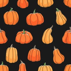 Orange pumpkins cartoon doodle in black background seamless pattern. Contour cute illustration background.