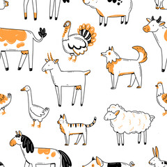 Seamless pattern print with farm animals on a white background. Illustration wallpaper. © Ekaterina Chemakina