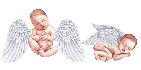 watercolor newborn babies angels with wings © Kro_Artist