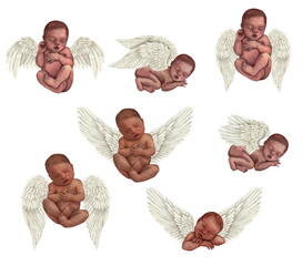 watercolor newborn babies angels with wings dark skin