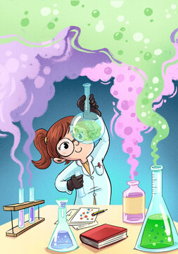 Ni&ntilde;a cientifica en laboratorio con probetas