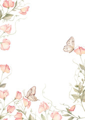 Fototapeta premium watercolor floral frame spring pink flowers, sweet peas and butterfly