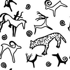 Seamless pattern. A series of petroglyphs, cave drawings, vector design.