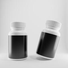 two white bottles of plastic medicine with blank label and white cap 3d render