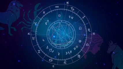 The scheme of the natal chart against the background of the starry sky and the constellations of the zodiac