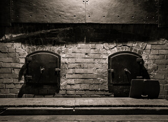 Mirrored and double doors or gates in an abandoned factory or bunker in dim, creepy, dramatic light