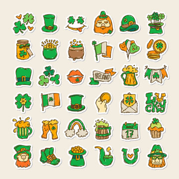 Colorful St. Patrick's Day doodle style hand-drawn sticker set with simple engraving effect. Cute Irish holiday symbols and elements collection.