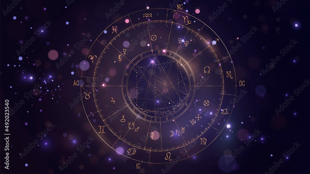 Wall mural golden scheme of the natal chart on the background of the starry sky