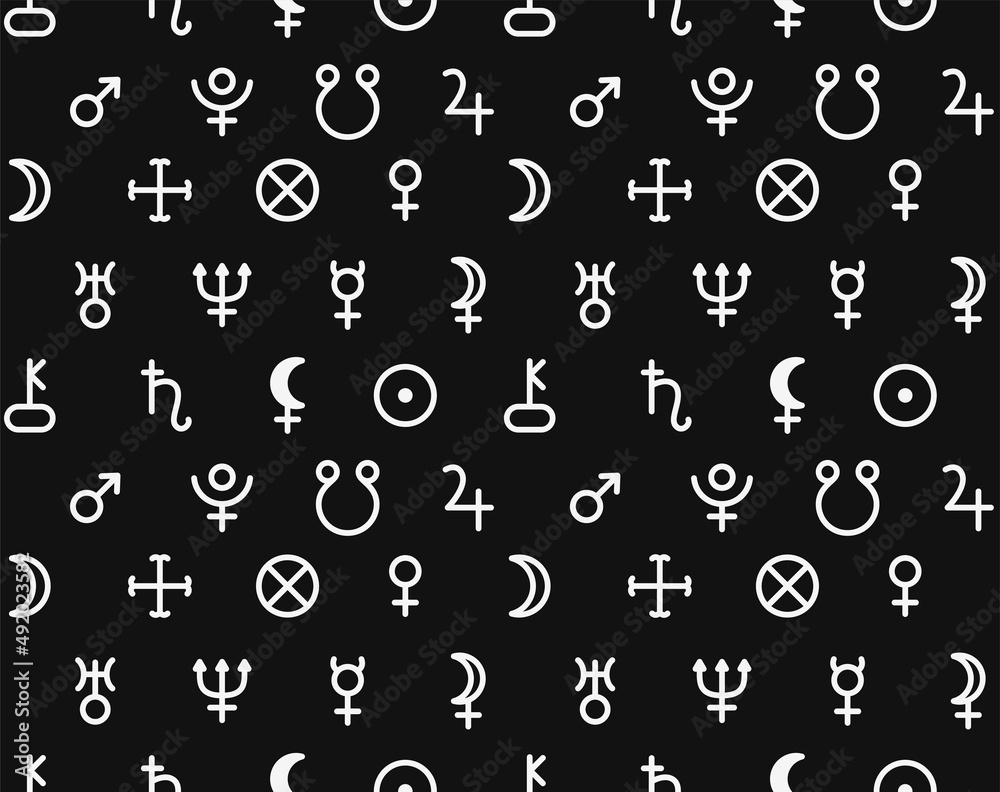 Wall mural seamless pattern with white symbols of the planets on a black background