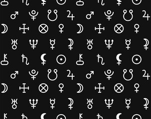 Seamless pattern with white symbols of the planets on a black background