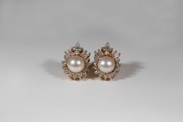 White Pearl Earring with Prong Studded Diamond Halo Earring in Yellow Gold