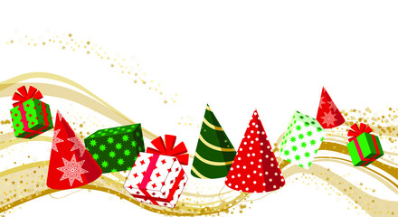 Holiday cone hats with gifts and star confetti on white background. Vector illustration.
