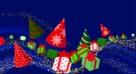 Holiday cone hats with gifts and star confetti. Vector illustration.