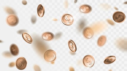 Falling gold coins with blur effect on transparent background