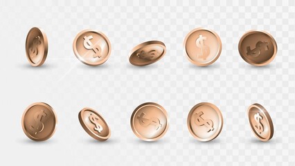 Set of golden coins with dollar symbol