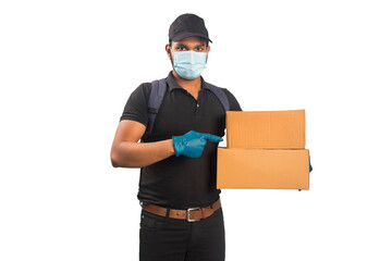 Young Delivery Man holding and pointing finger to cardboard box
