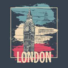 London poster abstract design. Typography for t-shirt print with Big Ben.Vector Illustration