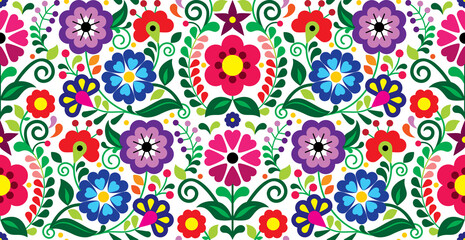 Mexican traditional floral embroidery style vector samless pattern with flowers, textile or fabric print design inspired by folk art from Mexico
- 492025799