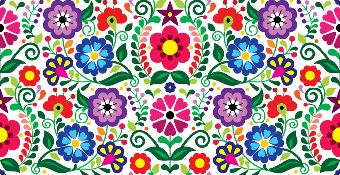 Mexican traditional floral embroidery style vector samless pattern with flowers, textile or fabric print design inspired by folk art from Mexico
 