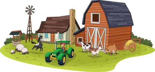 Cartoon farm with animals and farmer on tractor. Farm background.   © denis_pc