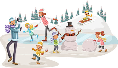 Cartoon people having fun in the park with snow. Winter nature landscape holiday.
