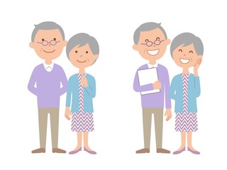 本を抱えた笑顔のシニア夫婦と、微笑むシニア夫婦