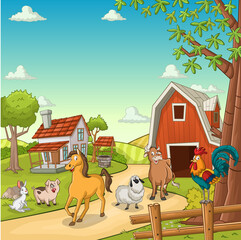 Cartoon farm with animals. Farm background.

