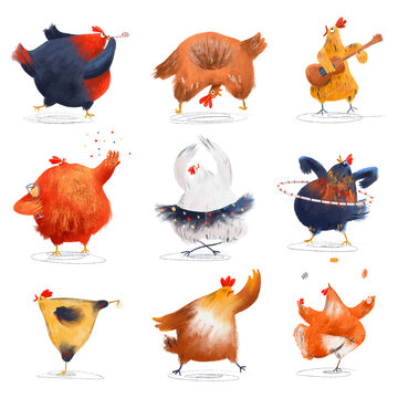 Funny chicken make party. Cute cartoon characters.